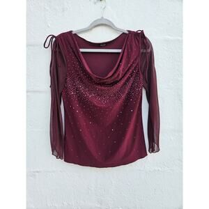 Vintage Y2K 90s Top Celine Small Burgundy Beaded Sheer Flare Ruched Cowl Stretch
